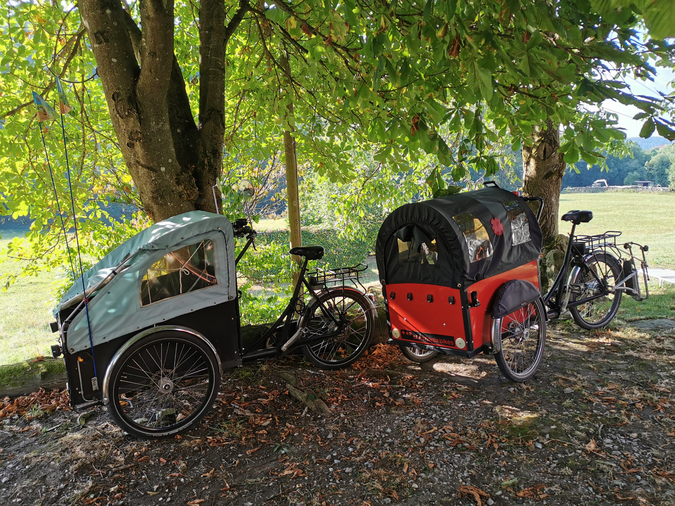 Fahrraeder-vor-Haus unsere Lastenraeder im Garten der Ferienwohnung